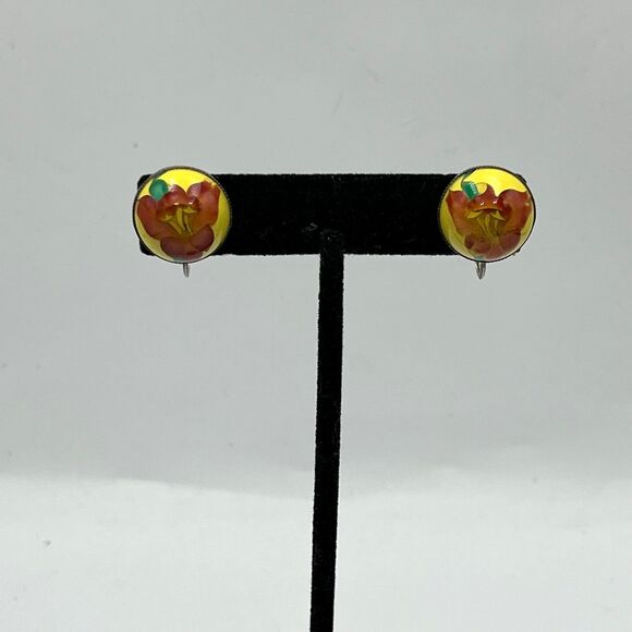 Jewelry - Vintage sterling silver enamel inlay glass screw back Earrings